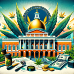 Artistic rendering of Massachusetts State House with imagery of cannabis, cannabis products, and cash