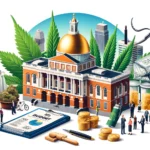 Image of State House and cannabis plant and products